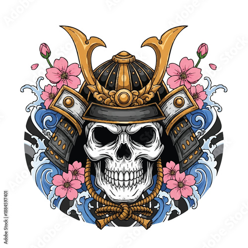 A colorful illustration of a skull wearing a samurai helmet surrounded by cherry blossoms and waves on a white background with a mix of Japanese tattoo art elements.