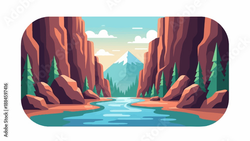 Stylized canyon with river, trees, and snow-capped mountain peak