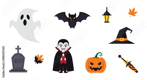 Fun collection of Halloween characters and festive objects featuring a vampire, ghost, bat, carved pumpkin, witch hat, and tombstone on white.