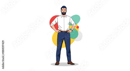 Confident man with a beard standing with hands on his hips against an abstract colorful background, representing strong leadership and success.