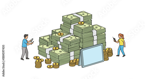 Group of people counting massive piles of dollar bills and stacks of coins, representing extreme wealth, banking success, and financial savings.