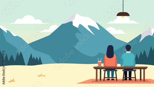 Two people sit at a table on a rug, admiring a majestic mountain landscape