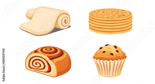 Variety of delicious bakery items including a rolled wrap, a stack of pancakes, a cinnamon roll, and a chocolate chip muffin on a white background.