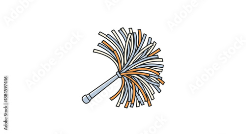 Traditional cleaning duster with multi-colored fibers and a long handle, used for effectively removing dust from household surfaces and objects.