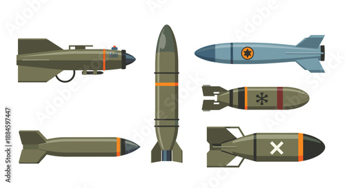 Assortment of various military bomb and missile illustrations, showing different sizes, aerodynamic shapes, and colors for tactical weaponry.