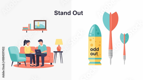 Two people work on a laptop at home, while darts stand out on the right