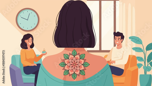 People relaxing indoors, one with a floral tattoo, enjoying warm beverages