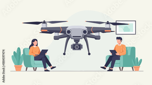 Two people in living room observe a drone with camera above