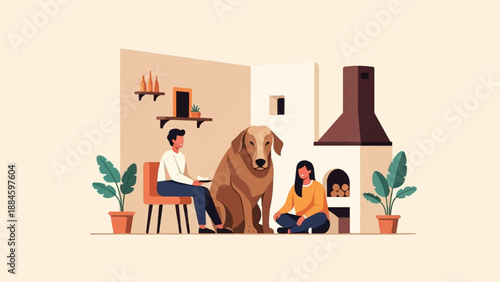 Two people and a large dog relax by a fireplace in a cozy room