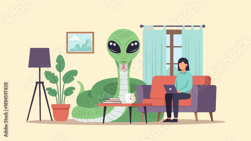Woman on couch with laptop next to giant alien snake in room