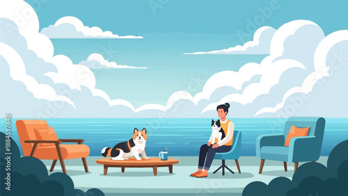 Person and dogs relax by the sea with chairs and a table