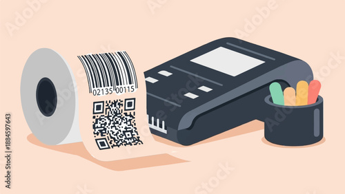 Stylized illustration of a receipt roll with barcode and QR code next to a payment terminal