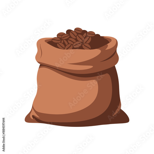 Brown burlap sack overflowing with roasted coffee beans, isolated on white