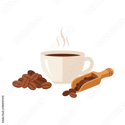 Hot Coffee Cup with Beans and Wooden Scoop, Morning Beverage