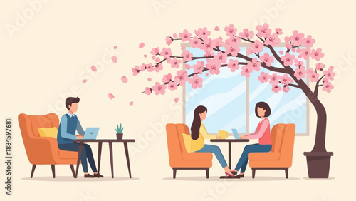 People working and chatting in cafe with blooming cherry blossom tree outside