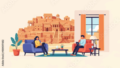 Two people working on laptops in a living room with ancient architecture view