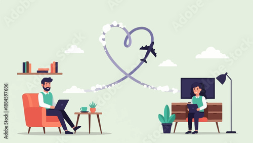 Two people remotely connected by an airplane creating a heart in the sky