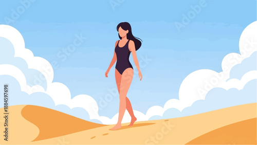 Woman in swimsuit walks on sand dunes under a blue sky with clouds