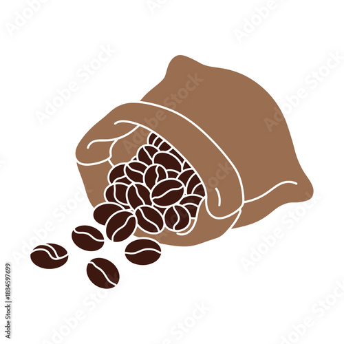 Brown burlap sack spilling roasted coffee beans on white background, flat illustration