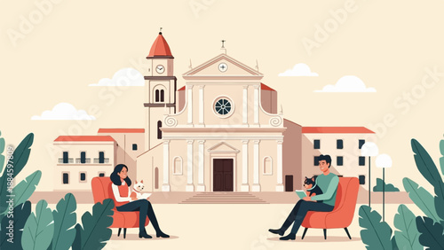 Two people with pets relax on chairs outside a grand building with a tower