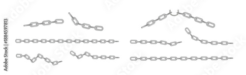 Free metal chain with whole or break steel chrome links. Collection of seamless metal chains colored silver. Vector