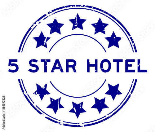 Grunge blue 5 star hotel word with star icon round rubber seal stamp on white background