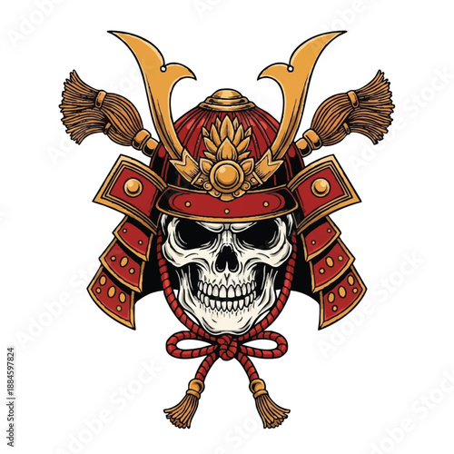 A stylized illustration of a skull wearing a traditional Japanese samurai helmet with red and gold armor on a white background, combining Japanese tattoo art elements.