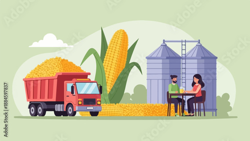 Truck loaded with grain, large corn cob, silos, and people sharing drinks