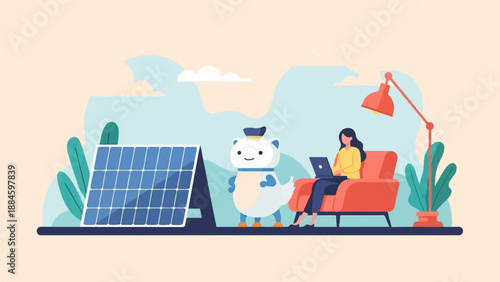 Robotic friend assists woman working on laptop near solar panel