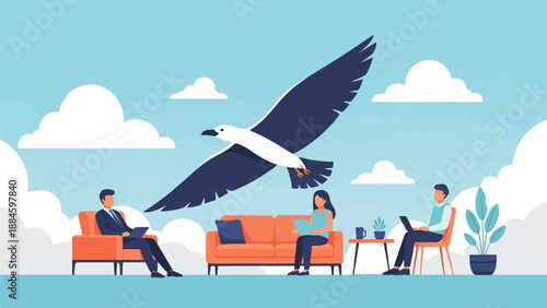 People working indoors with a large bird flying in the sky above