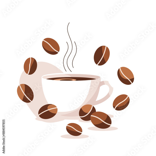 Steaming Coffee Cup with Falling Beans - Flat Illustration