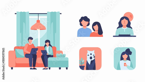 People working remotely on laptops in a living room and isolated character icons
