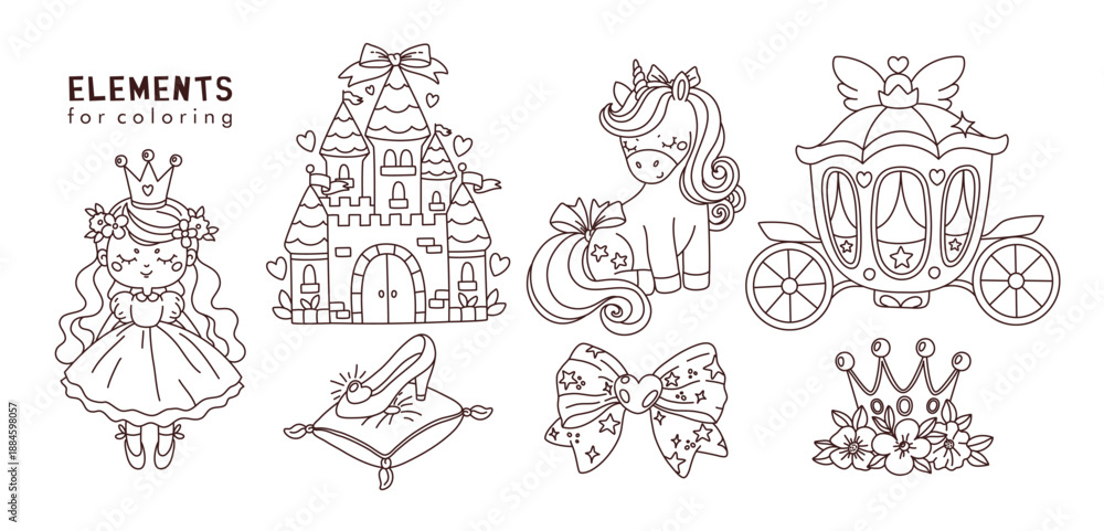Fototapeta premium Princess fairy tale coloring elements