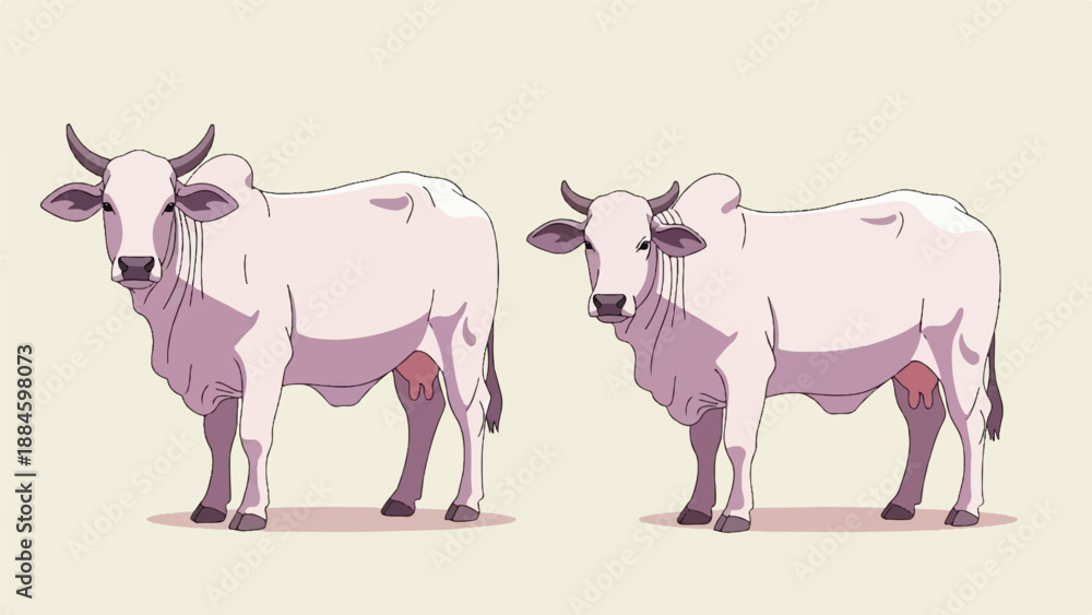 Fototapeta premium Two light pink cows with horns and humps stand against a cream background