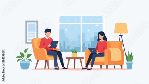 Two people in red shirts sit in orange armchairs using laptops, with a window view