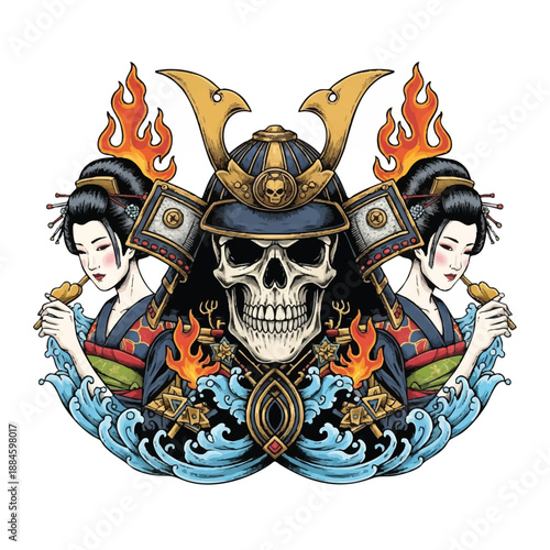 A vibrant Japanese tattoo art design featuring a skull wearing a samurai helmet flanked by two women in traditional clothing with flames and waves on a white background.
