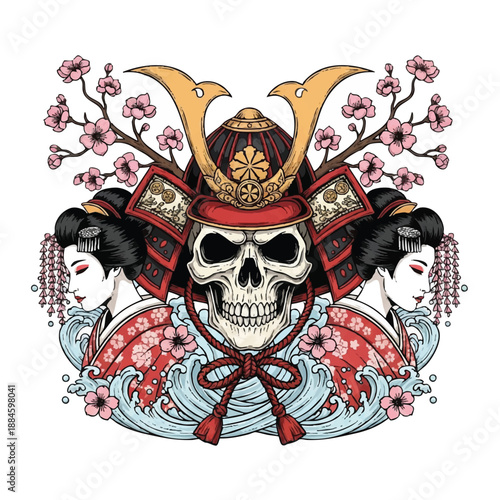 Illustration of a stylized samurai helmet with a skull and geisha faces surrounded by cherry blossoms on a white background with a mix of Japanese tattoo art elements.