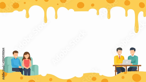 People interacting with a cheese-themed border and space for text