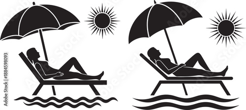 Two silhouette person sunbathing in beach chair