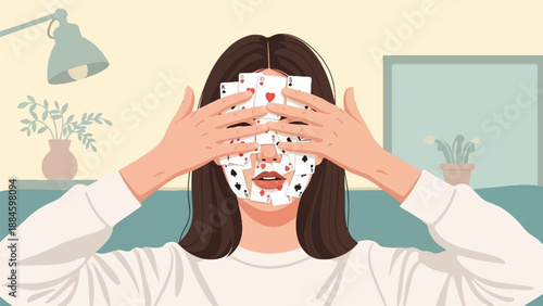 Woman with hands over face covered in playing cards, indoors