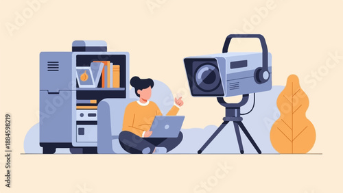 Person sitting on couch with laptop, facing camera on tripod