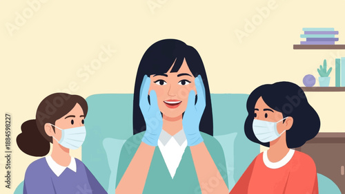 Three masked individuals, one with gloved hands on face, indoors