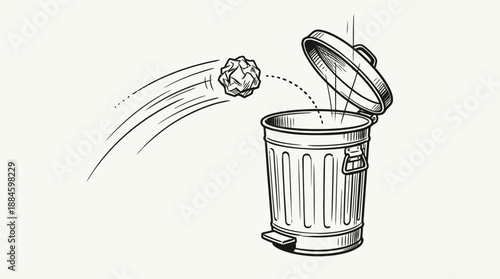 Discard Symbol Illustration – Crumpled Paper Thrown into Trash Can with Motion Lines for Cleanup, Rejection, or Decision-Making Editorial Use