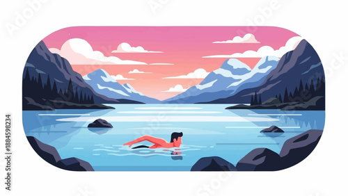 Person swimming in a lake surrounded by mountains at sunset