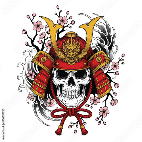 A stylized illustration of a skull wearing a traditional Japanese samurai helmet with cherry blossoms and a red cord, showcasing Japanese tattoo art with bold lines and vibrant colors.