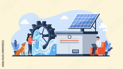 Renewable energy integration with water wheel, solar panel, and remote work
