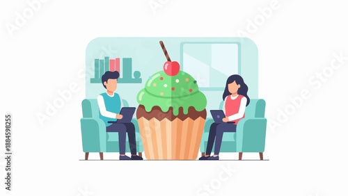 People working on laptops beside a giant cupcake in a cozy room