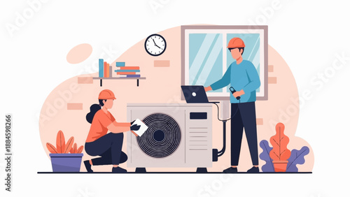 Two technicians work on an air conditioning unit with a laptop and tools
