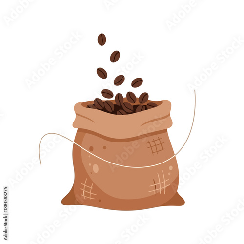 Burlap sack filled with roasted coffee beans, some falling out, isolated on white.