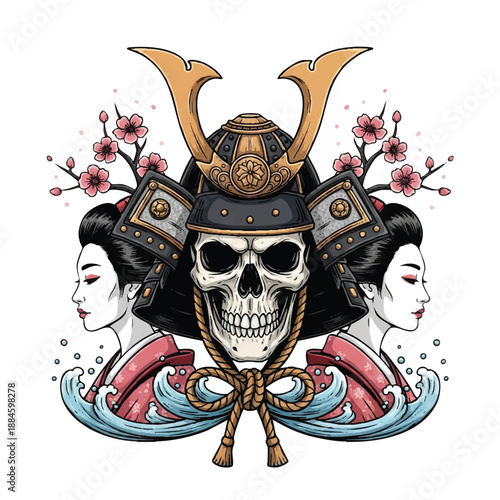 Illustration of a Japanese tattoo art design featuring a skull wearing a samurai helmet with cherry blossoms and two geisha heads in a traditional style against a white background.